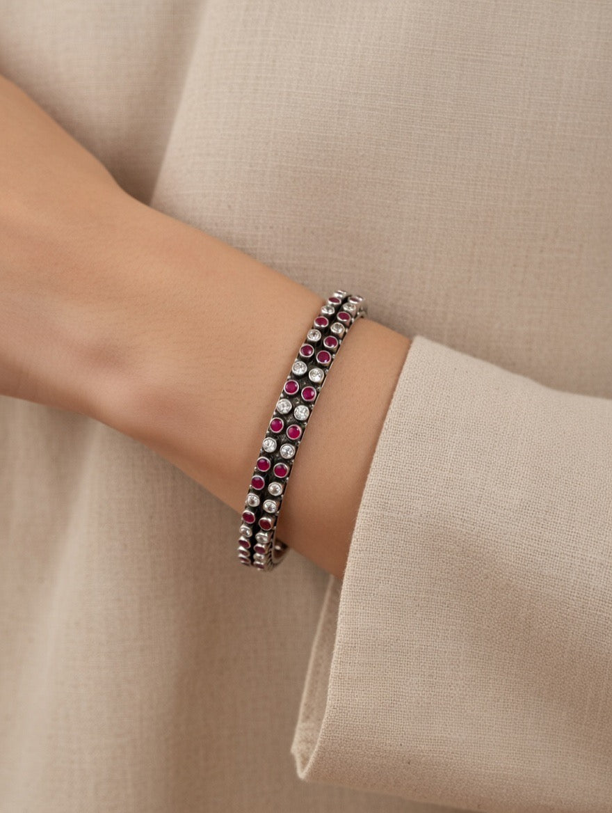 Ruby & Zircon Dual-Row Bangle Pair