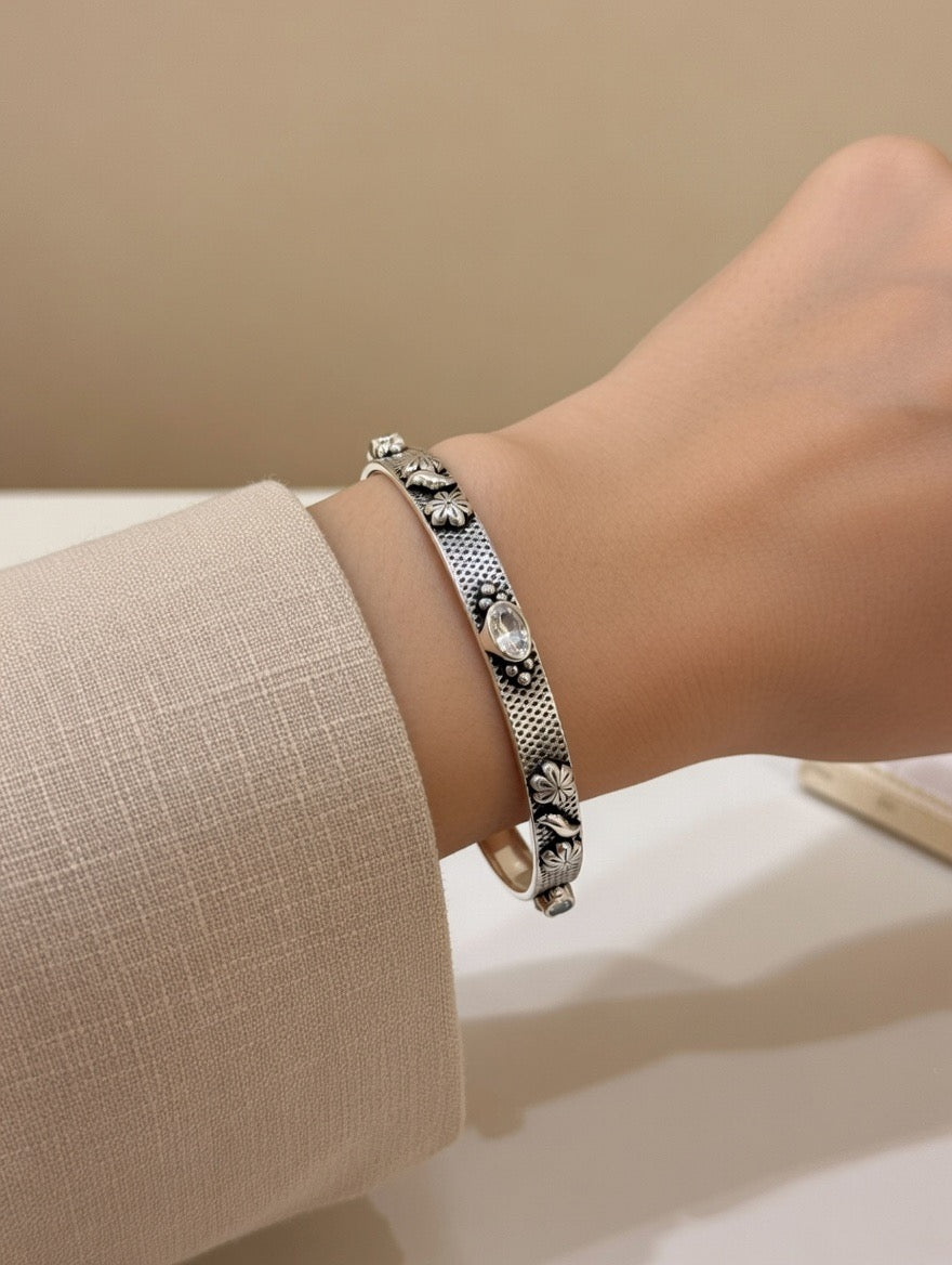 Floral Textured Silver Bangle Pair