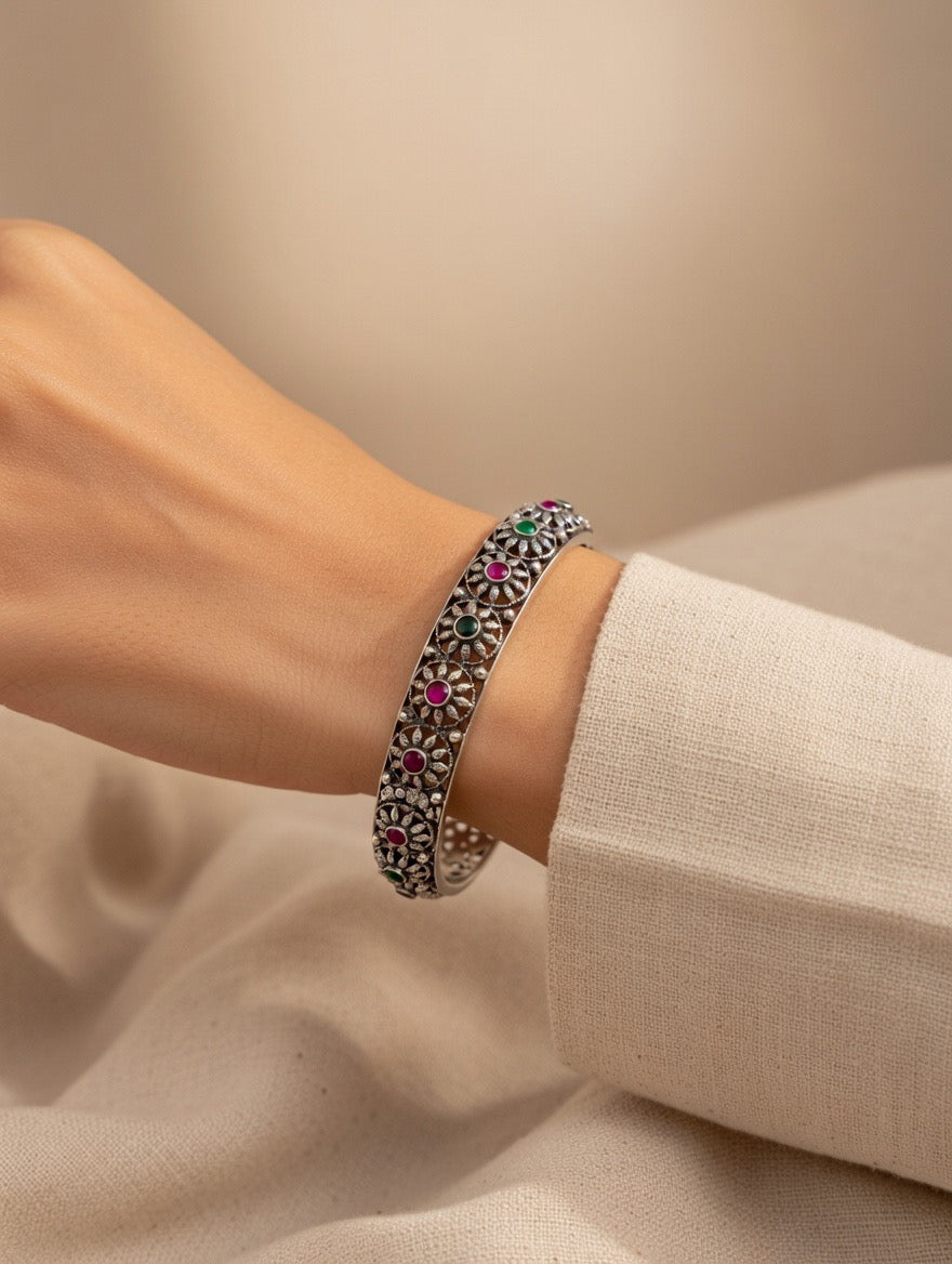 Floral Heritage Ruby, Emerald & Zircon Bangle Pair