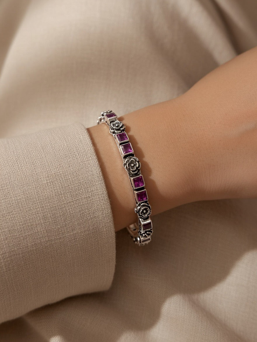 Rose Motif Ruby Square Bangle Pair