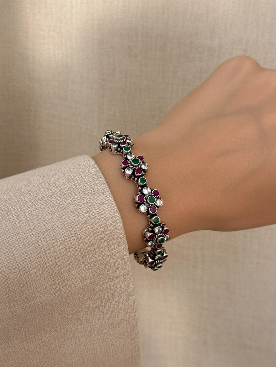 Floral Ruby, Emerald & Zircon Cluster Bangle Pair