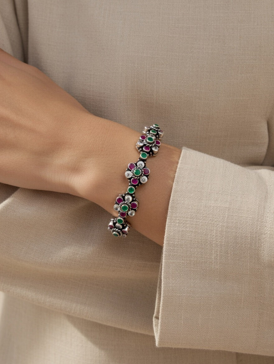 Floral Ruby, Emerald & Zircon Cluster Bangle Pair