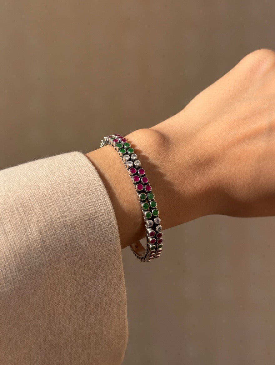 Ruby, Emerald & Zircon Triple-Row Bangle Pair