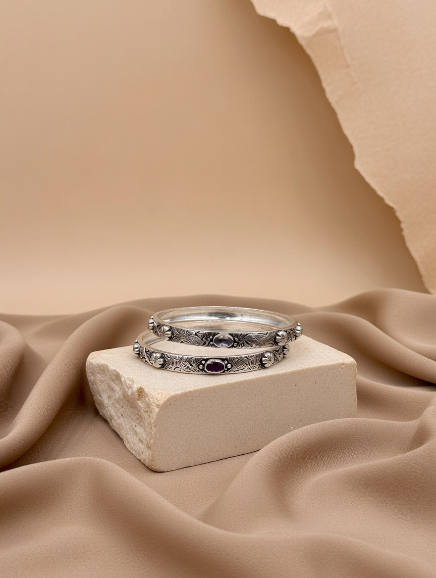 Engraved Dual-Stone Heritage Bangle Pair
