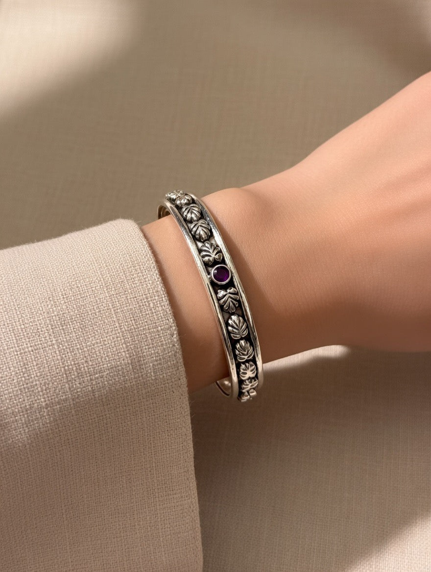 Lotus Motif Ruby Accent Bangle Pair