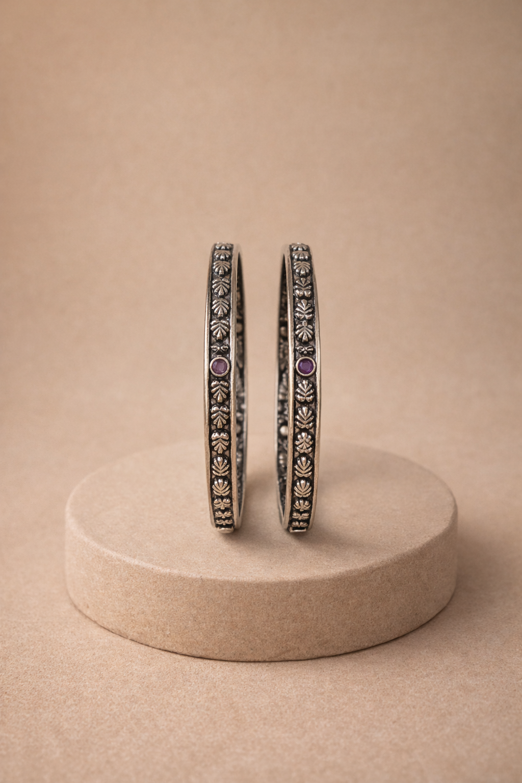 Lotus Motif Ruby Accent Bangle Pair
