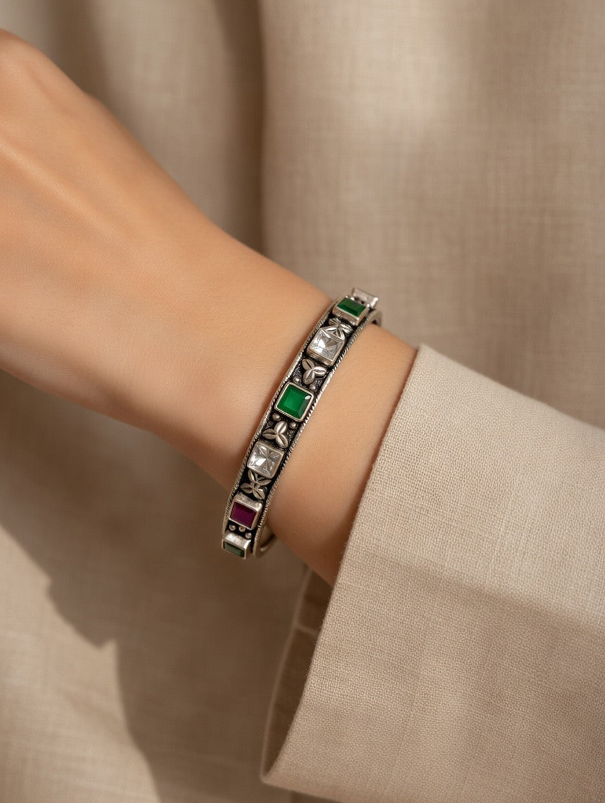 Floral Ruby & Emerald Bangle Pair